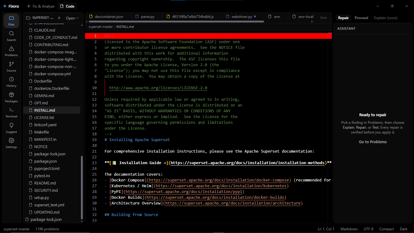 File explorer with code editor — Fixora showing file tree and markdown preview