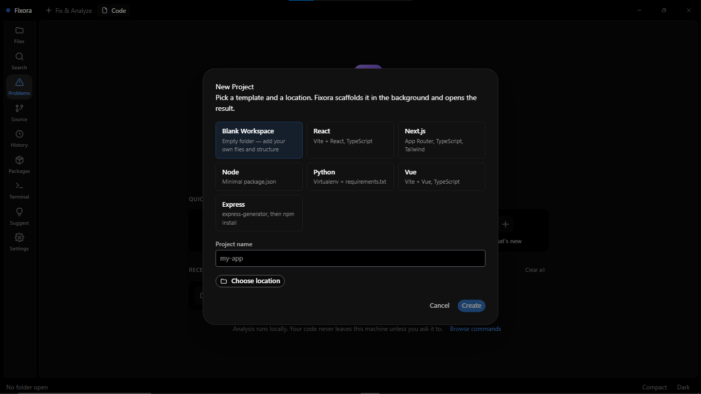 The New Project dialog for starting a workspace from scratch