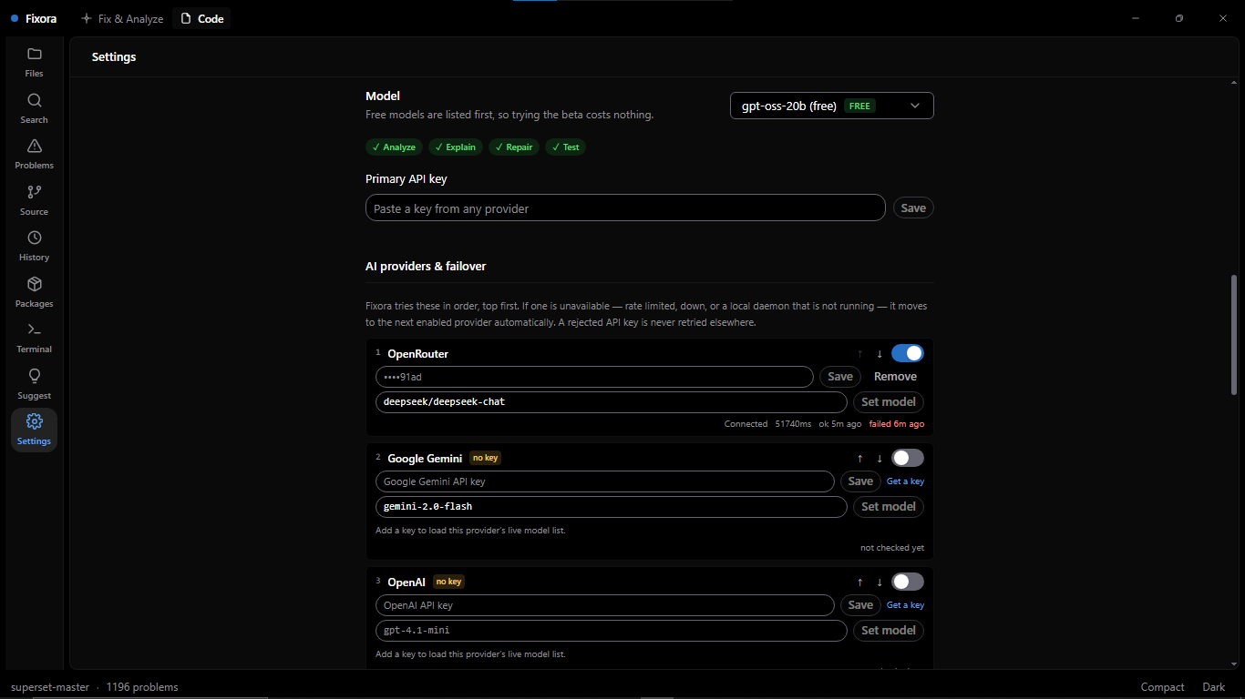 The Settings panel showing the configured AI providers and their priority order